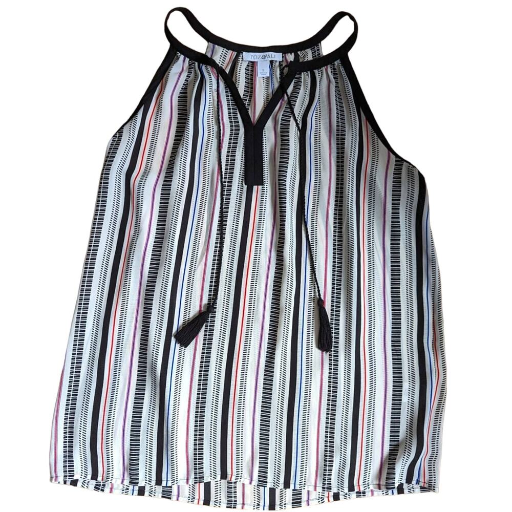 Roz & Ali Flowy V Neck Boho Festival Tassel Tie Tank Top Sleeveless Blouse